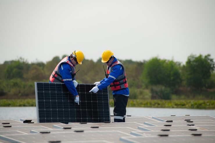 photovoltaic engineers work floating
