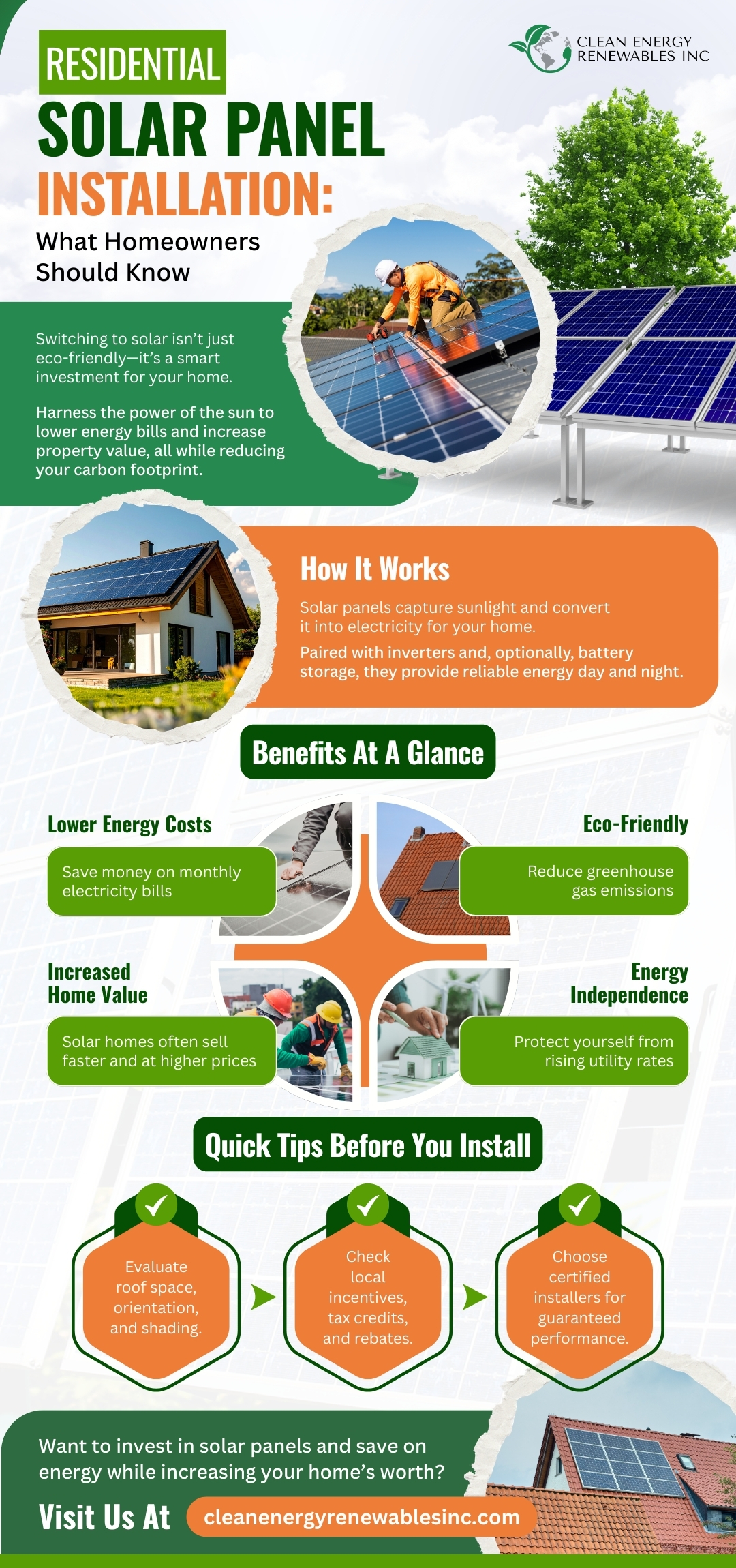 Infographic explaining residential solar panel installation, highlighting benefits like lower energy costs, increased home value, and eco-friendly energy solutions for homeowners.
