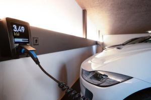 Tesla charging inside a residential garage using a home charger