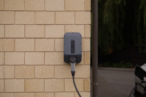 a dedicated home EV charger in a residential garage