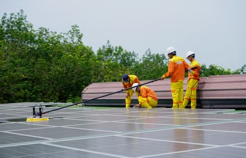 A team of workers cleaning solar panels on a rooftop installation.