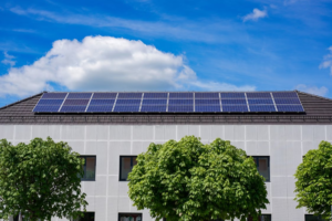 A large roof covered with solar panels.